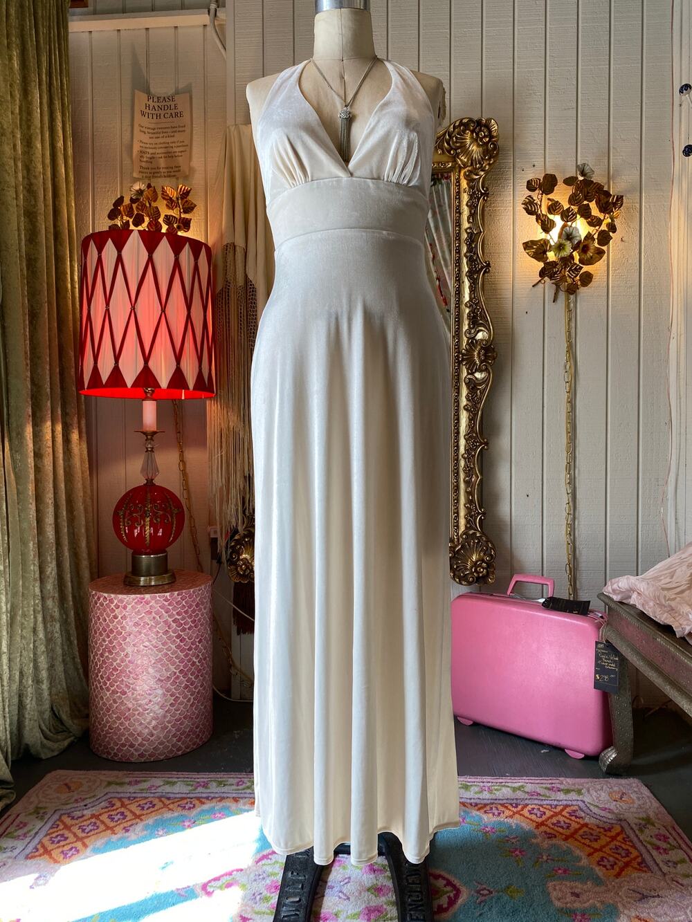 vintage 1990s bcbg cream velvet maxi dress, 90s gown, empire waist, open back. s